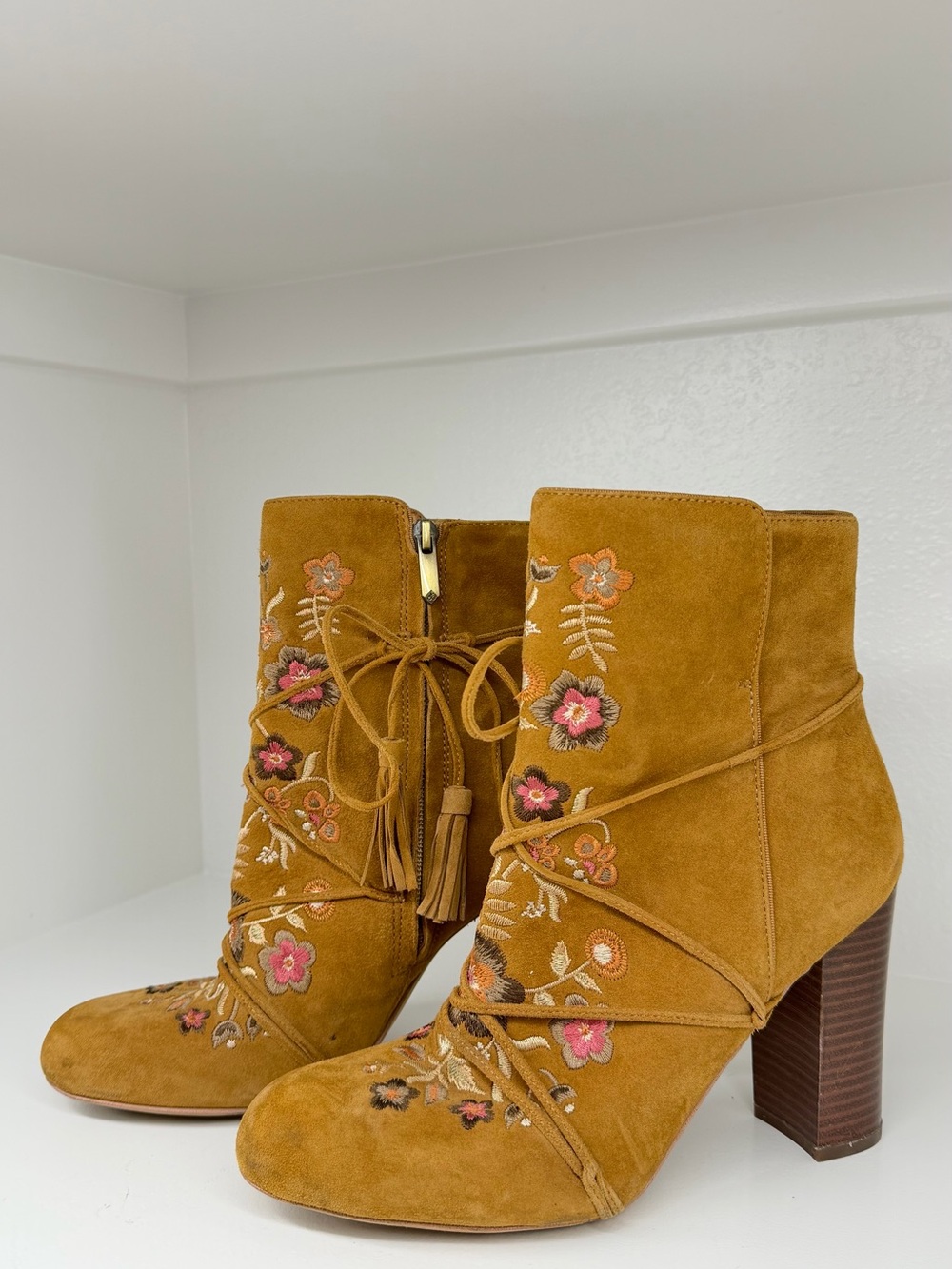 Sam Edelman Mustard Suede Embroidered Lace-Up Ankle Booties